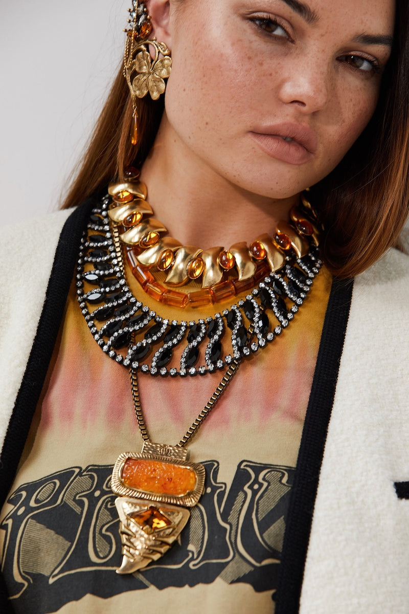 Statement Necklace | Bold Chunky Pendants w/ Elegant Brass Chains | Lucite  Carved Amber & Glass Crystals: Topaz & Black | Mazzy Necklace by DYLAN LEX
