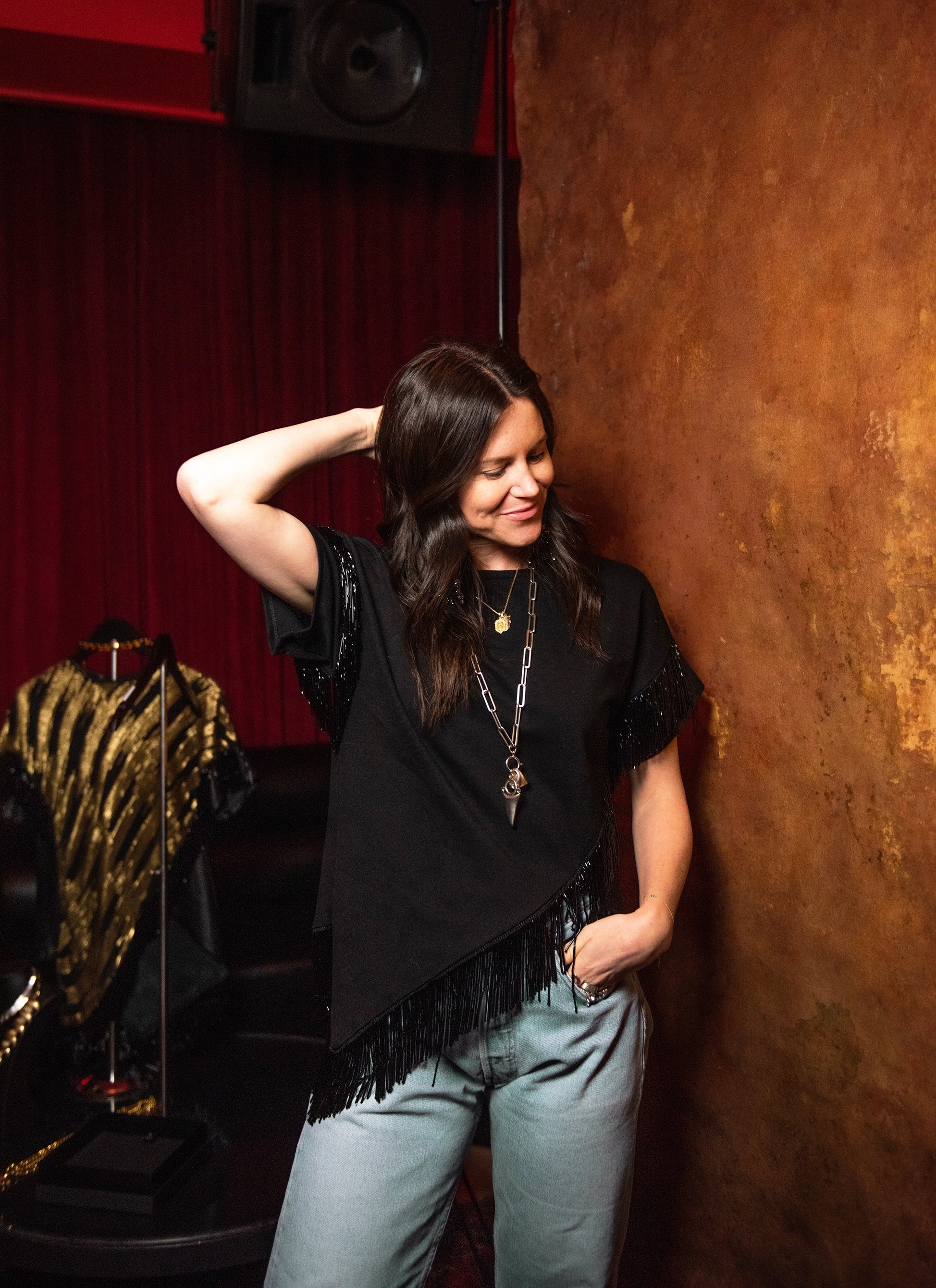 Tete by Odette x DLEX Black T Shirt with Beaded Fringe