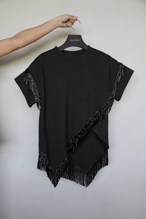 Tete by Odette x DLEX Black T Shirt with Beaded Fringe