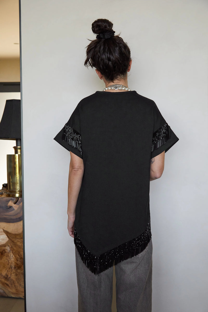 Tete by Odette x DLEX Black T Shirt with Beaded Fringe