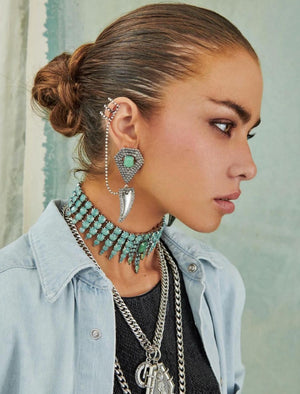 Cody Earrings paired with Mint Ryder and Beau. DLEX Denim Shirt