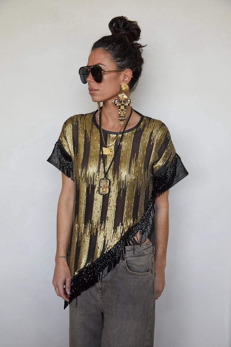 Tete by Odette x DLEX Metallic T Shirt with Fringe Beading