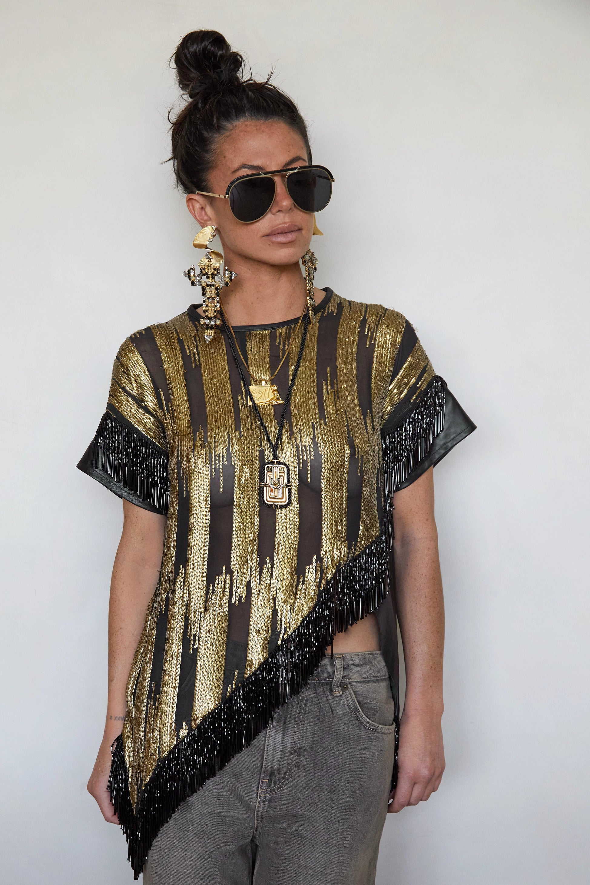 Tete by Odette x DLEX Metallic T Shirt with Fringe Beading