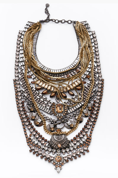 Statement Necklace | Bold Chunky Pendants w/ Elegant Brass Chains | Lucite  Carved Amber & Glass Crystals: Topaz & Black | Mazzy Necklace by DYLAN LEX
