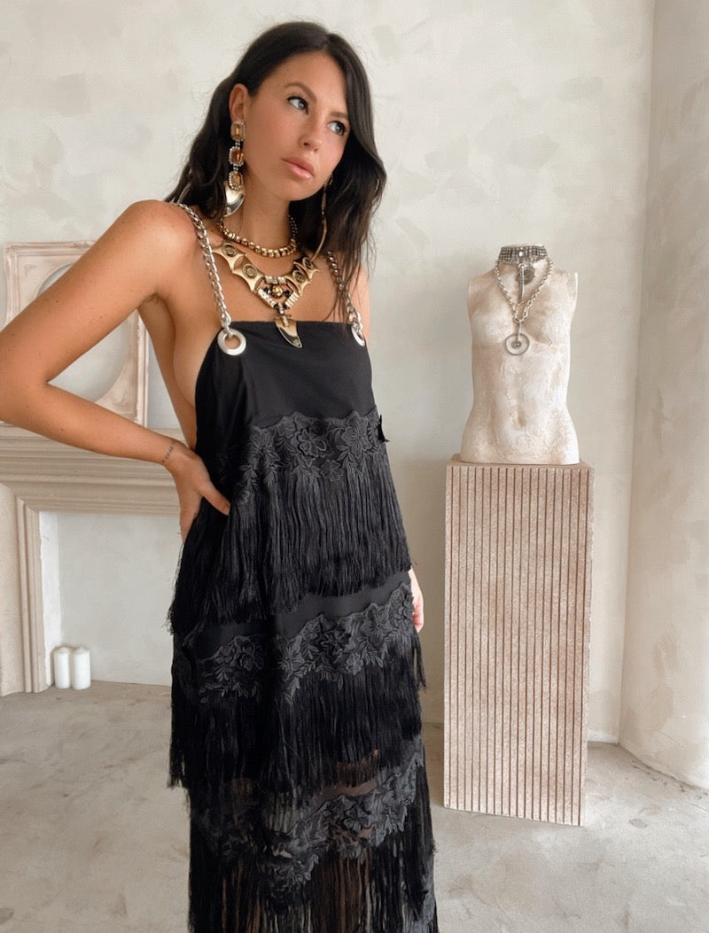DLEX Chain Strap Dress in Fringe xl / Beige