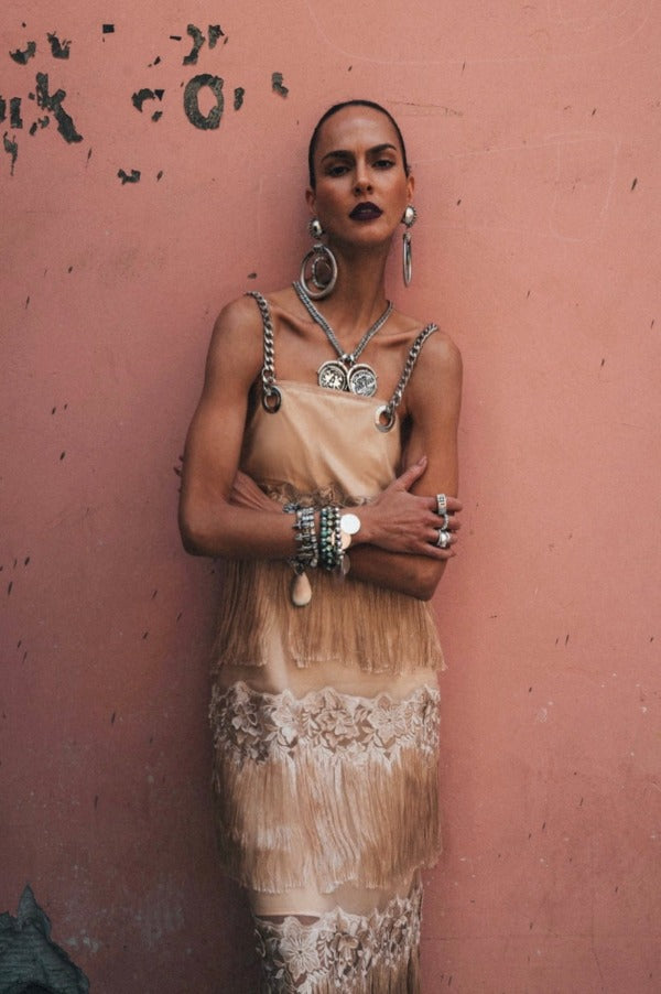 DLEX Chain Strap Dress in Fringe xl / Beige